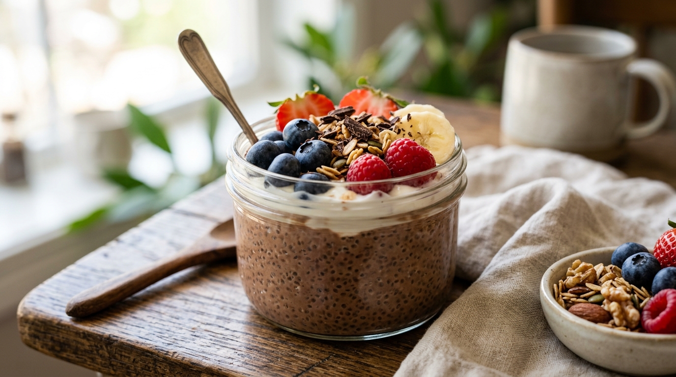 Chia pudding with milk and cocoa